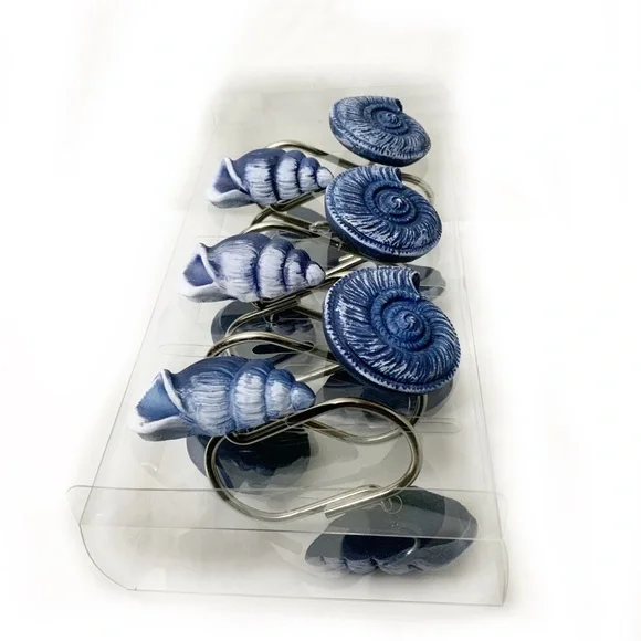 Coastal Ocean Seashell Shower Hooks Blue White Beachy Decor Set of 12 - Picture 6 of 11